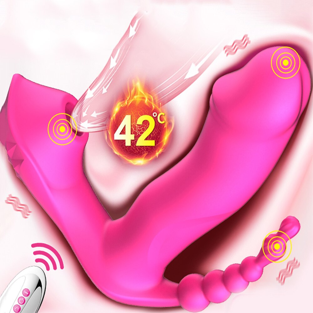 Wearable 3 IN 1 Sucking Vibrator Dildo Female Erotic Vibrating Anal Vagina Clitoris Stimulator Heating Oral Sex Toys for Women